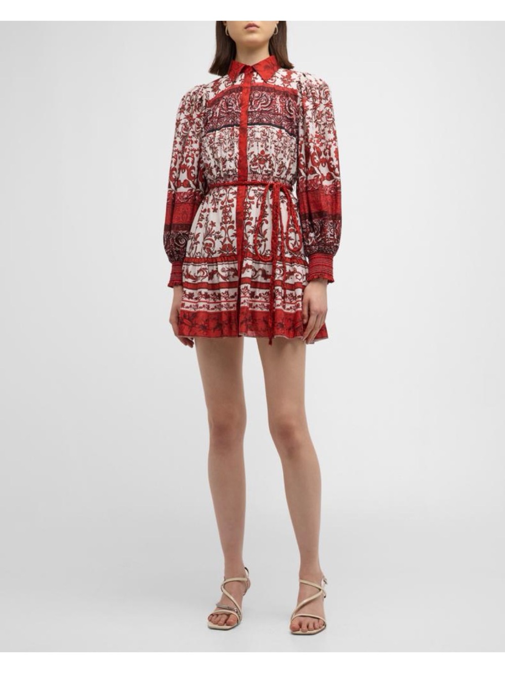 Alice + Olivia Red and White Printed Long-Sleeve Mini Dress